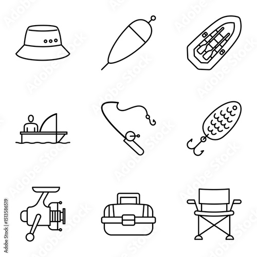 Essential fishing tackle and gear icon set for angling adventures.