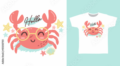 Cute crab hand drawn illustration vector, ready for print on t-shirt and other uses.