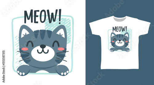 Cute kitten hand drawn illustration vector, ready for print on t-shirt and other uses.