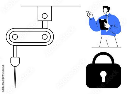 Automation equipment with needle, person holding clipboard pointing while analyzing, and a security lock. Ideal for automation, robotics, safety, data management, industry, precision technology