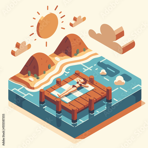 Illustration of a person relaxing on a dock by the water  