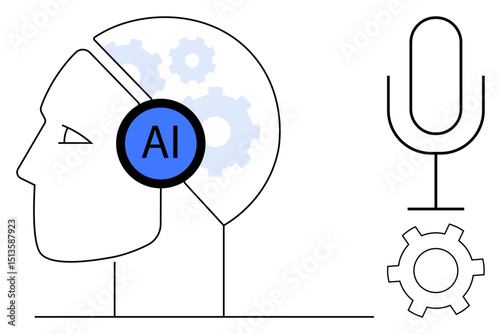 Profile head with AI text and gear brain, microphone, and gear icon. Ideal for innovation, machine learning, automation, AI research, podcast, voice recognition and simple landing page
