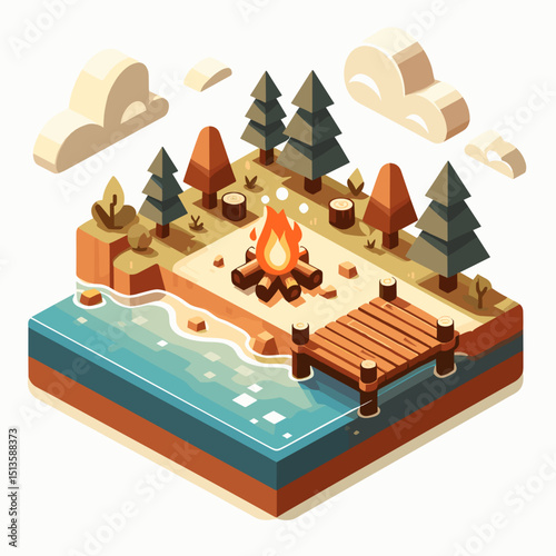 Camping scene with fire pit by the lake and trees  