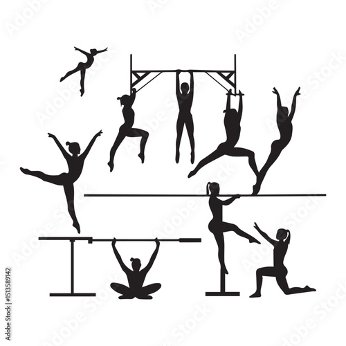 Set of black gymnast' silhouettes isolated on white background