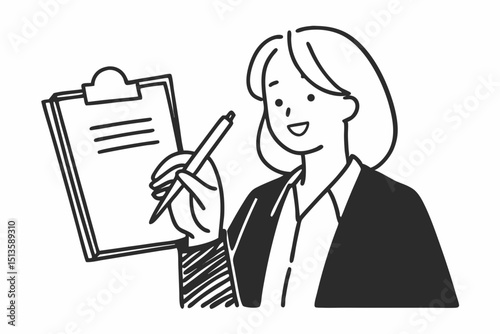 Smiling confident caucasian young businesswoman auditor writing on clipboard, signing contract document isolated in white background