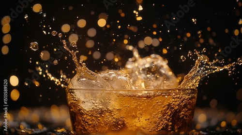 A carbonated beverage being poured into a glass with ice, the resulting splash and bubbles creating an exciting moment, enhanced by a dark background.