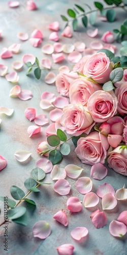 Softly glowing rose petals scattered on a velvet background amidst delicate pink roses and fresh eucalyptus leaves