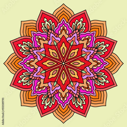 Mandala ornamental round ornament, Flower Mandala. Vintage decorative elements. Oriental pattern, vector illustration, bright color, Islam, Arabic, Indian, Moroccan, Spain, Turkish, Pakistan, Chinese,