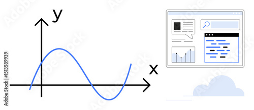 Graph with x-y axis showcasing data trends, next to a web dashboard displaying charts and text. Ideal for analytics, data science, education, learning, research, online tools, simple landing page