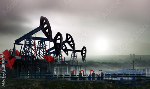Drilling derricks silhouette from oil field at sunset. Energy supply crisis, power supply, energy crisis. Oil pump, oil industry equipment, 3D rendering illustration