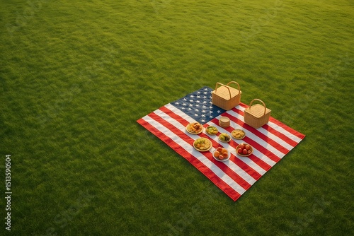 Patriotic Picnic on American Flag Blanket in Green Field - Aerial View, Summer Family Celebration