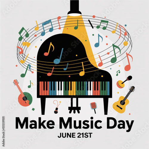 Make Music Day. June 21 – Music Festival Concept, Vector Illustration isolated on white background. Festival Poster, Banner, Cards, Social Media Post or Background Design Inspiration .