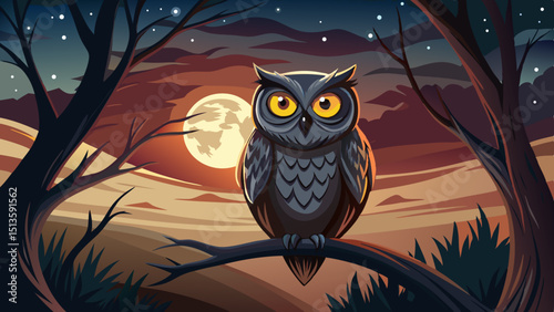 An owl sits quietly on a gnarled tree branch at dusk, its eyes glowing, representing wisdom, mystery, quiet observation, and the beauty of nocturnal animals in twilight hours.

