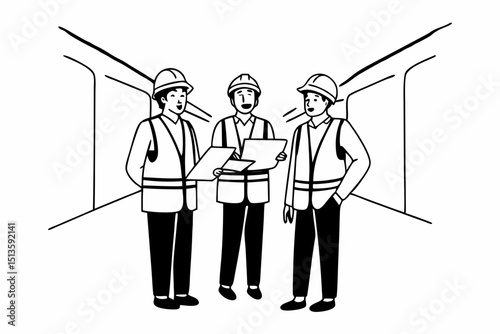 Three men wearing hard hats and safety vests are standing in a hallway, holding a laptop and papers. They seem to be discussing something important