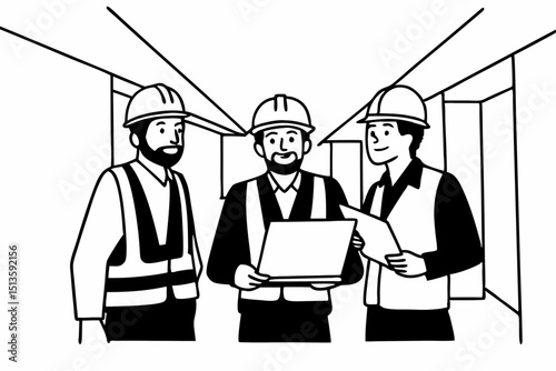 Three men wearing hard hats and safety vests are standing in a hallway, holding a laptop and papers. They seem to be discussing something important