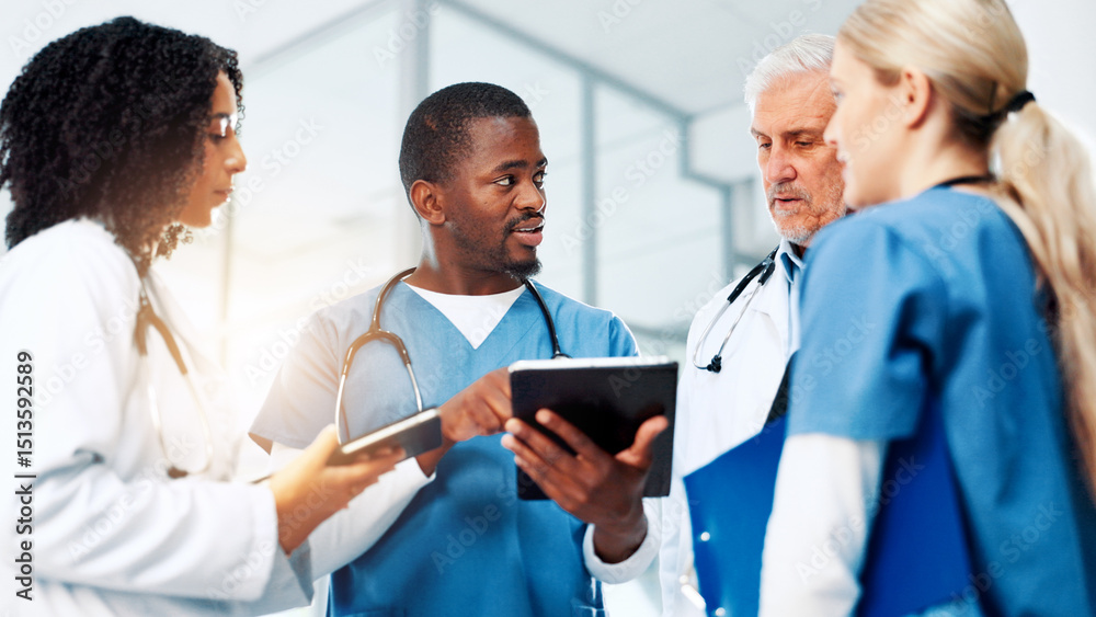Medical, planning or tablet with doctors and nurses in hospital together for discussion or report. Feedback, healthcare and insurance with professional medicine team in clinic for diagnosis review Medical, planning or tablet with doctors and nurses in hospital together for discussion or report. Feedback, healthcare and insurance with professional medicine team in clinic for diagnosis review