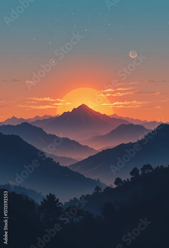 Angola mountain silhouettes with sunset-toned vector shading.