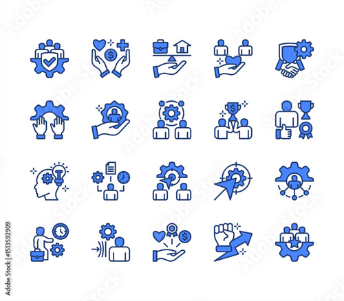 Employee engagement icon collection set. Containing workload, motivation, expectation, goal, recognition, appreciation, inclusion icon. Simple line vector.
