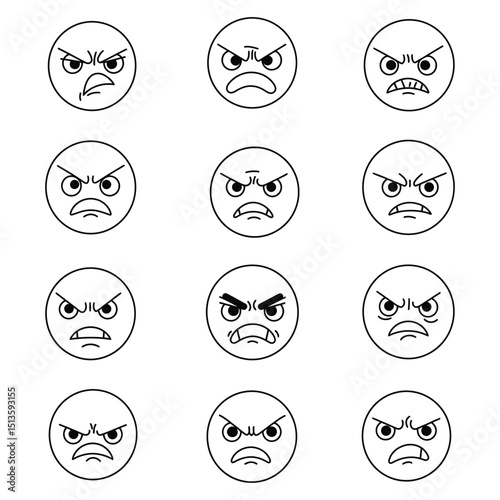 Angry Face Emoji Vector Icons – Black Outline Expressions of Rage, Frustration, Madness, Furious Mood for Chat Apps, Stickers, and Social Media Graphics