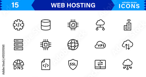 Vector Icon Collection for Web Hosting Including Server Management, Cloud Hosting, Domains, Security, and Web Infrastructure Tools for Digital Assets
