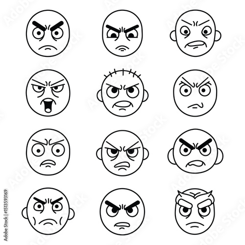 Black Outline Angry Face Emoji Icons Set – Vector Frustrated, Mad, Furious Facial Expressions Pack for Chat, Social Media, Reactions & Messaging Designs