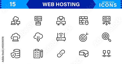 Vector Icon Collection for Web Hosting Including Server Management, Cloud Hosting, Domains, Security, and Web Infrastructure Tools for Digital Assets