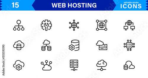 Vector Icon Collection for Web Hosting Including Server Management, Cloud Hosting, Domains, Security, and Web Infrastructure Tools for Digital Assets