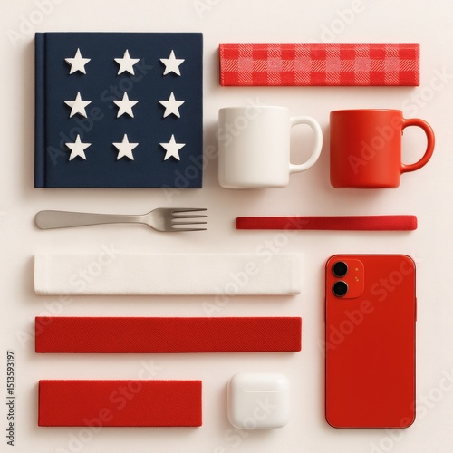 American Flag Made of Everyday Objects - Flat Lay of Red, White, Blue Items Including Mug, Phone, Book, AirPods, Fork - Patriotic Minimalist Concept