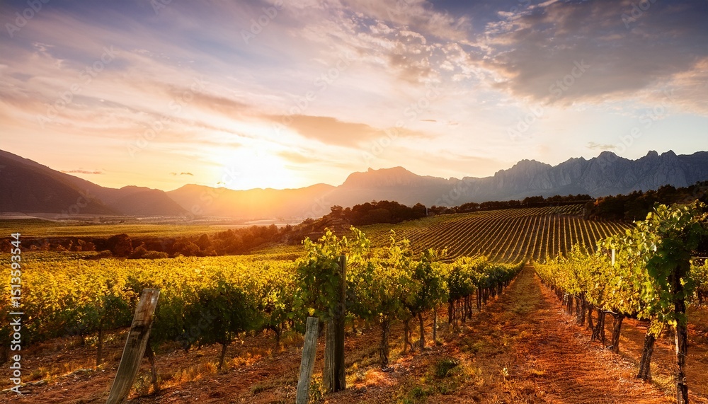 Fototapeta premium sunset vineyard landscape with mountain range