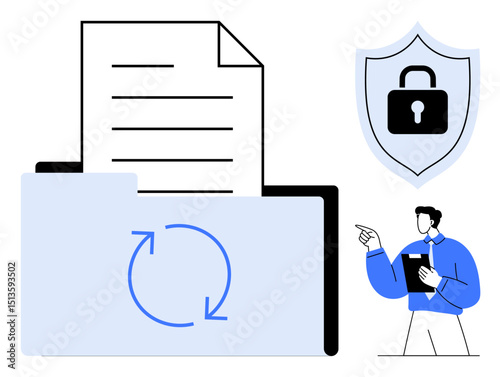 Data folder with circular arrow and document symbolizing backup, shield with lock for security, person pointing at safe document processing. Ideal for data safety, security, backup, encryption