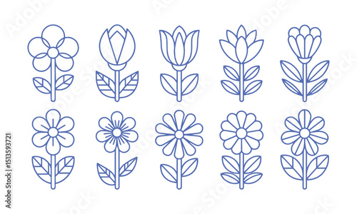A collection of minimal modern vector-style flower illustrations,  Include a wide variety of stylized flower designs with different petal shapes and arrangements, easily scalable and editable.