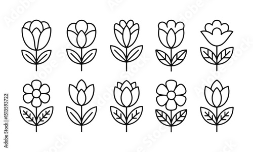 A collection of minimal modern vector-style flower illustrations,  Include a wide variety of stylized flower designs with different petal shapes and arrangements, easily scalable and editable.