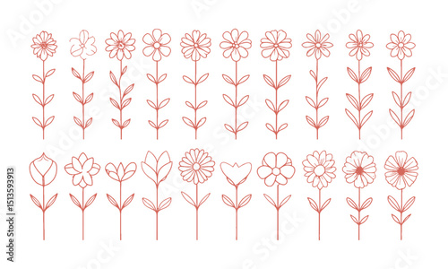 A collection of minimal modern vector-style flower illustrations,  Include a wide variety of stylized flower designs with different petal shapes and arrangements, easily scalable and editable.
