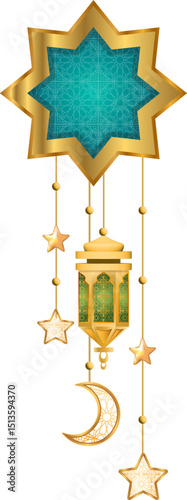 Ornate Gold Star with Hanging Lantern, Crescent Moon, and Stars