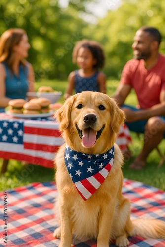 Golden Retriever in Patriotic Bandana at 4th of July Picnic with Family Outdoors - Cute Dog Celebrating Independence Day, Summer BBQ, American Flag Theme, Pet-Friendly Celebration Scene