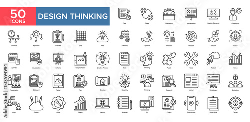 Design Thinking collection set. Discussion, Planning, Concept, Timeline , Creative Process, Thinking , Presentation, Brainstrom, icon. Simple outline vector illustration