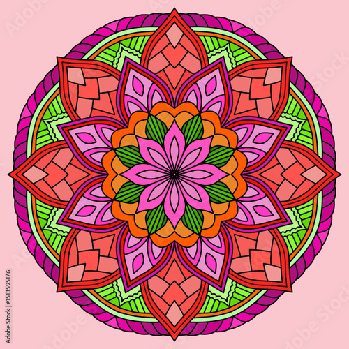 oriental mandala motif on pink background, Vintage decorative elements. Oriental pattern, vector illustration. Islam, Arabic, Indian, Moroccan, Spain, Turkish, Pakistan, Chinese, mystic, ottoman motif