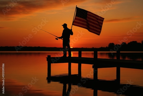 Patriotic Fisherman at Sunset - American Flag Silhouette on Lake Pier, Peaceful Rural USA Landscape Reflection