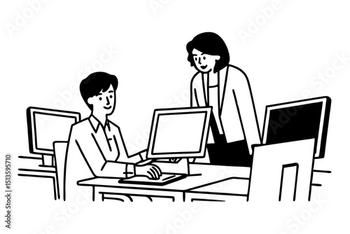 Two busy professional business people working in office with computer. Middle aged female executive manager talking to male colleague having conversation showing software online solution on laptop
