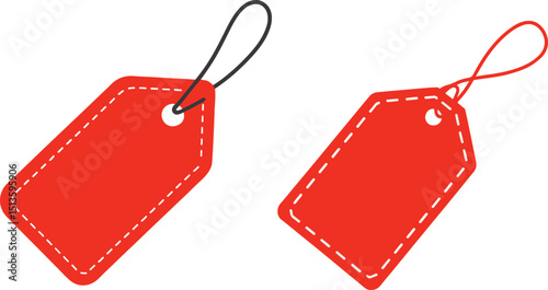 Minimalist Red Sale Tags with White Dotted Stitching and Strings — Pentagon-Shaped Price Tags Illustration