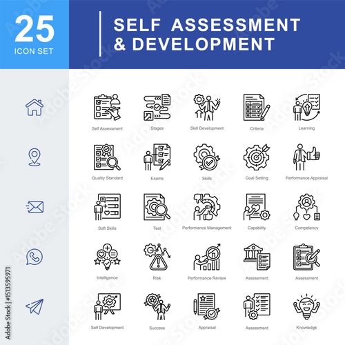 Self Assessment & Development icon set, focused on self-assessment, goal setting, skill growth, soft skills, and personal development to support learning, performance appraisal, and success tracking.