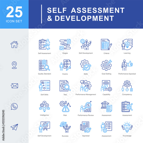 Self Assessment & Development icon set, focused on self-assessment, goal setting, skill growth, soft skills, and personal development to support learning, performance appraisal, and success tracking.