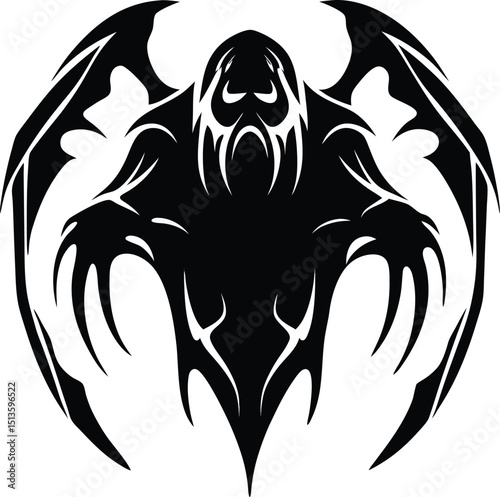 Monochrome Silhouette of a halloween Dark Fantasy Evil ghost with wings Creature Design