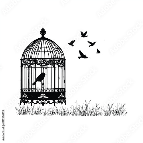 Silhouette of a birdcage with a bird inside and other birds flying away on a white background