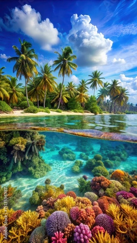 Colorful coral reef hidden among lush tropical grass on a sun-kissed beach