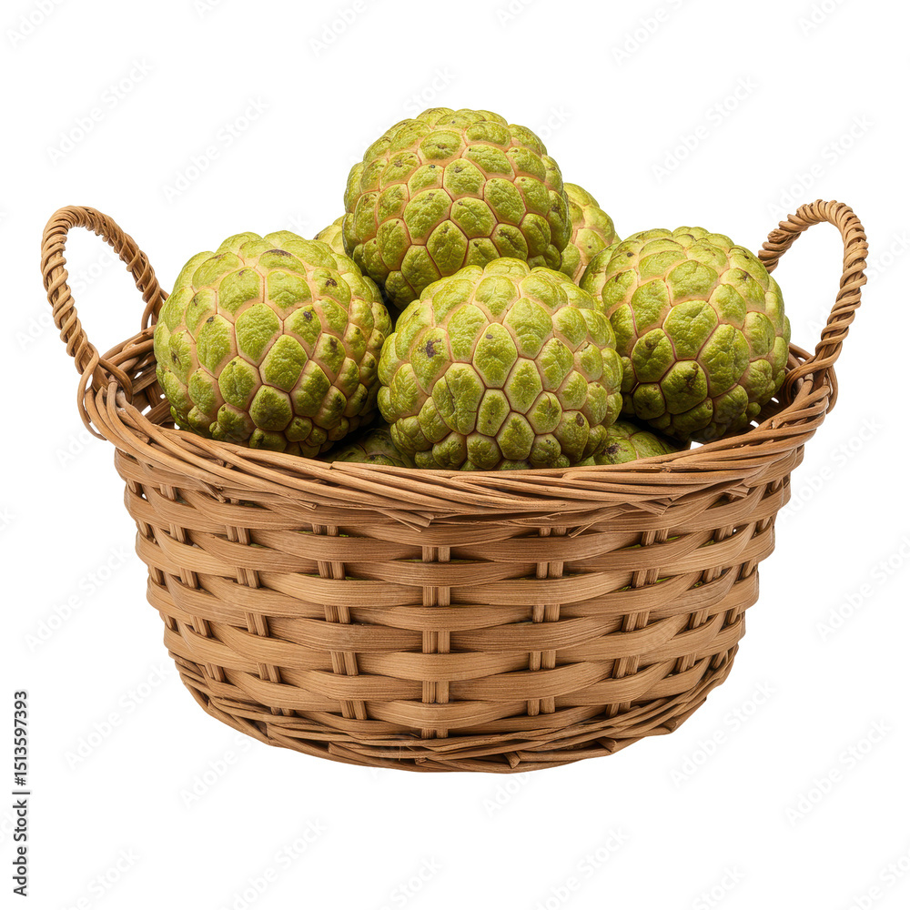 Obraz premium Basket of custard apples shows green, bumpy skin with textures in a woven basket