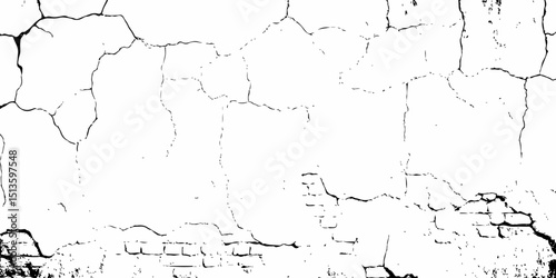 White cracked wall above  brick wall with  cracks and black spots creating  textured and  cracked surface with peeling and damaged texture