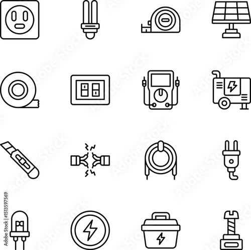 Electricity, electrical energy line icons set. Electricity, electric power line, light, light bulb and electrical equipment outline icon collection. Thin outline icons pack