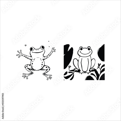 Two cartoon frogs in black and white one swimming and one sitting among leaves and lilypads