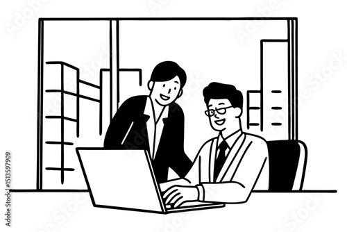Two happy busy professional executives team business people working together on laptop computer in modern office at corporate meeting. Professional bank manager consulting company client at work